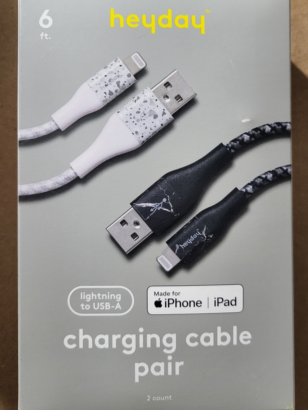 heyday Lightning to USB-A Charging Cable Pair - White Speckle & Black Braided